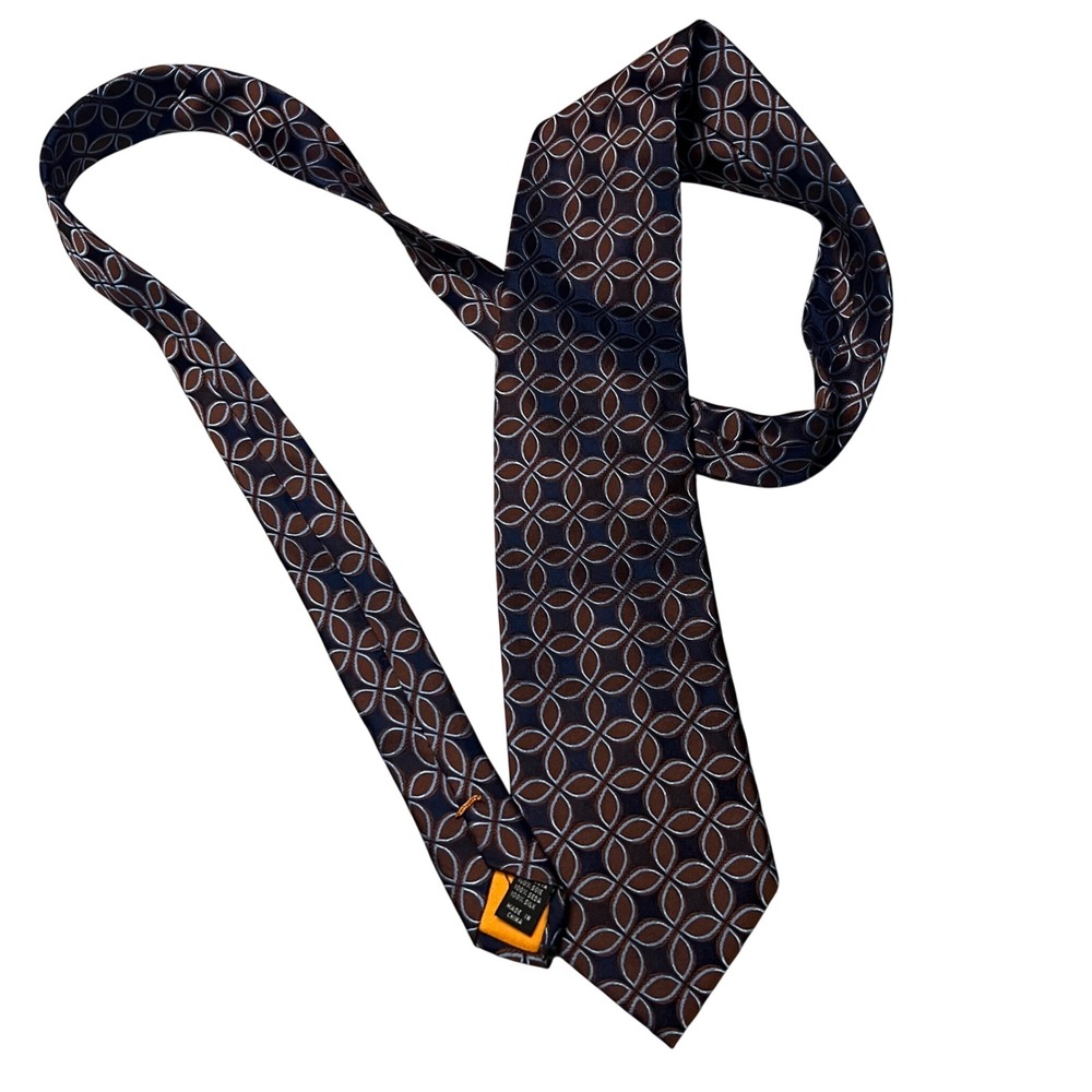 STC Mens Silk Necktie Navy Blue Brown Geometric Medallion Formal Business Tie
